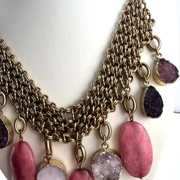 Amazing Chico's bib style necklace, gold tone, Drusy Quartz, Agate dangles - Picture 6 of 9
